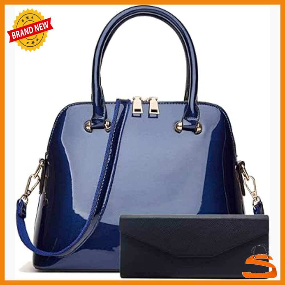 Large Patent Leather Satchel Purse With Adjustable Strap Multi-Pocket Handbag